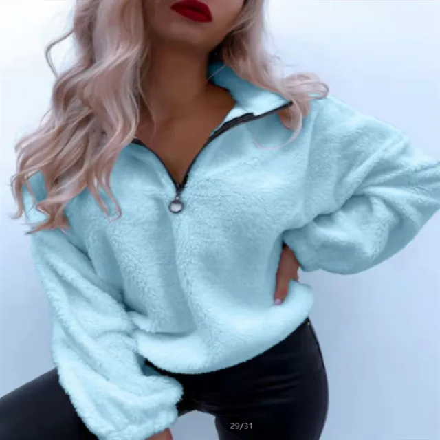 Women's Long sleeved Lapel Flannel Sweater Light Blue - Shop at LoveMi