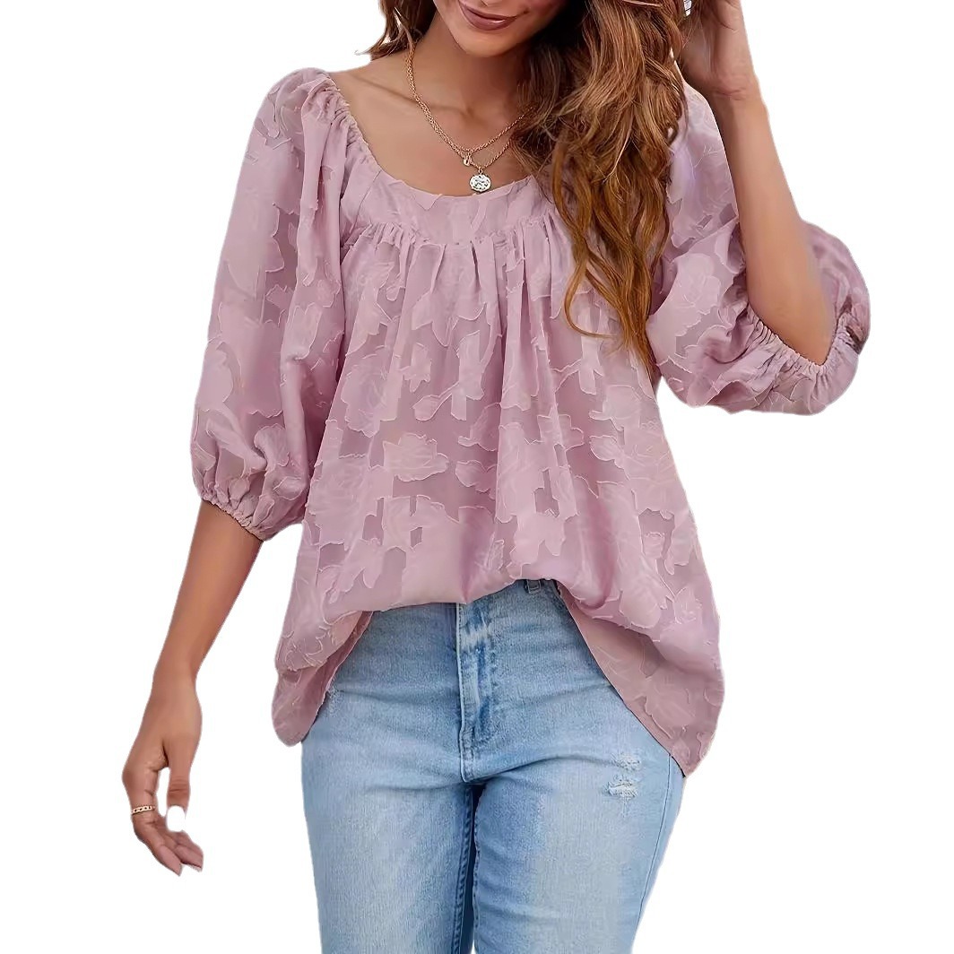 Square Collar Top Lace Floral Texture Women's Clothing