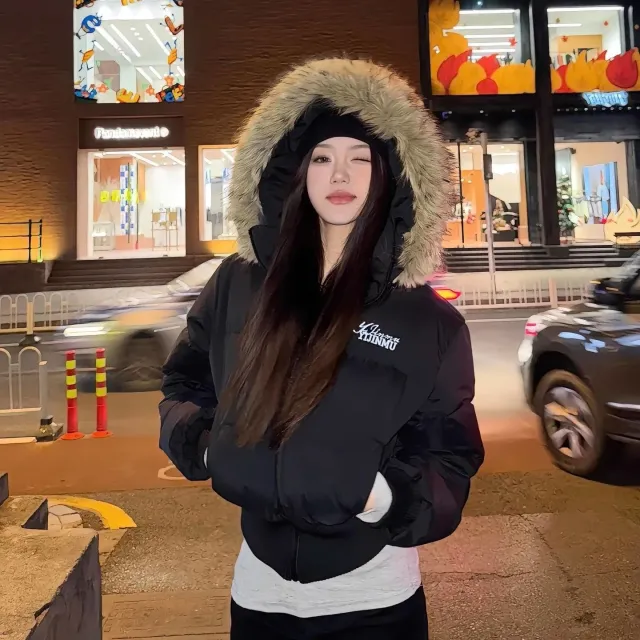 American Winter Short Faux Fur Collar Padded Coat For Women Black - Shop at LoveMi