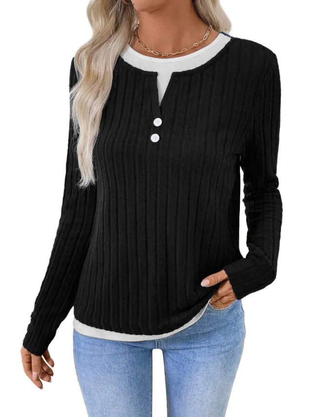 Women's Fake Two piece Round Neck Button Pullover Grinding Sweater Black - Shop at LoveMi