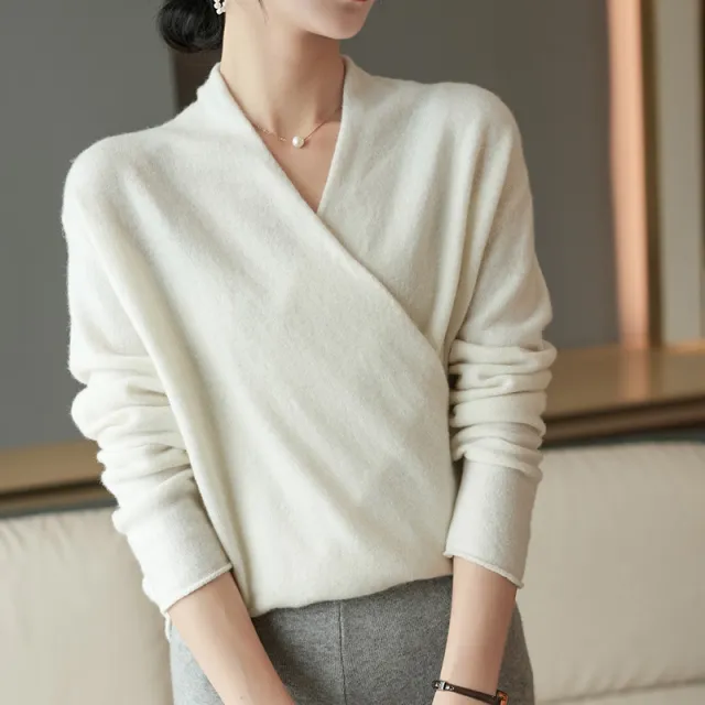 Cross Collar Pure Wool Sweater Female Slim Fit Pullover White - Shop at LoveMi