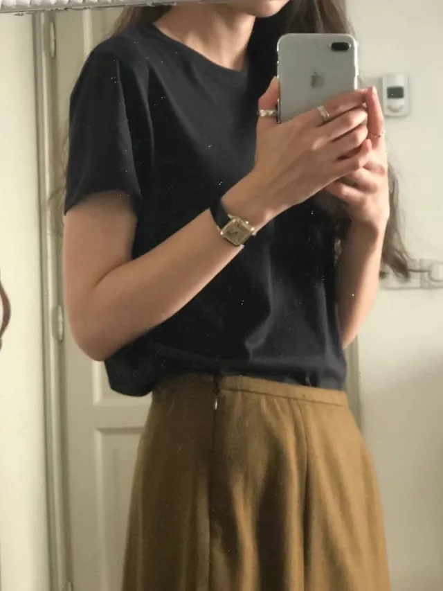 Women's Fashionable Solid Color Base Round Neck Short Sleeve Top T shirt Navy Blue - Shop at LoveMi
