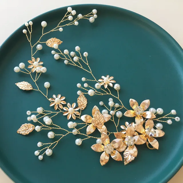 Golden Leaf Flower Hair Band Wedding Dress Accessories Bright Kc Gold White - Shop at LoveMi