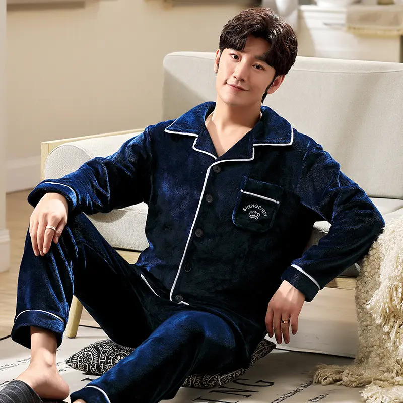 Autumn and Winter Flannel Men's Pajamas Lapel Cardigan