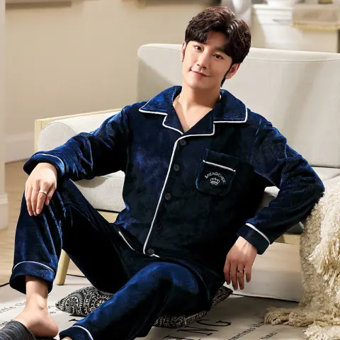 Autumn and Winter Flannel Men's Pajamas Lapel Cardigan