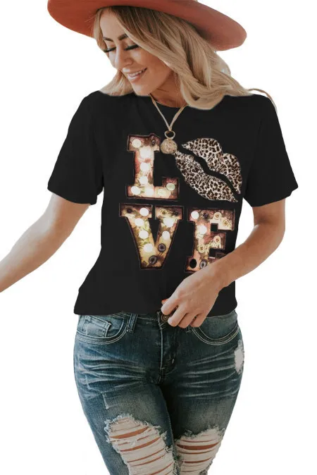 Women's Short Sleeve Leopard Print Lips Round Neck Print T shirt Black - Shop at LoveMi