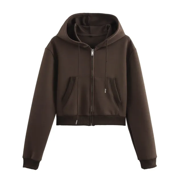 New Long sleeve Zipper Hooded Sweater Stitching Decoration Bell bottom Pants Suit Women Brown Top - Shop at LoveMi