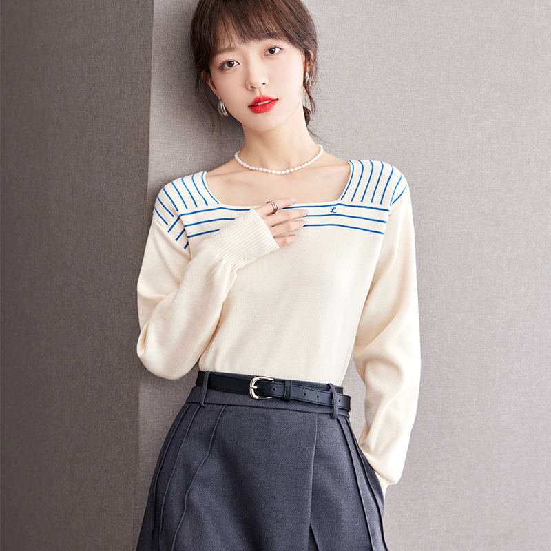 French Sailor Blue Striped Square Collar Sweater Retro Navy Style Blue - Shop at LoveMi