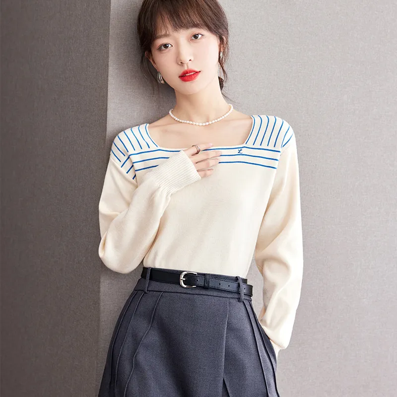 French Sailor Blue Striped Square Collar Sweater Retro Navy Style - Blue