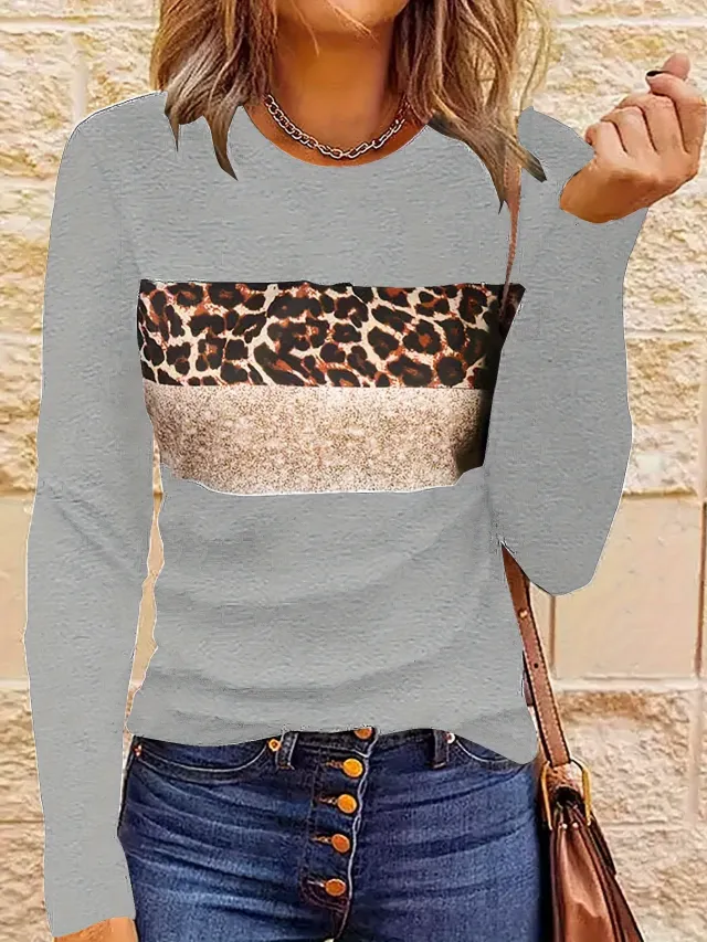 Women's Simple Casual Printing Long Sleeved Fitted T shirt Gray - Shop at LoveMi