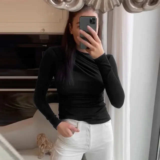 One shoulder Pleated Base Base Long Sleeve Autumn European And American Fashion Women's Wear Temperament Commute Slim Top Black - Shop at LoveMi