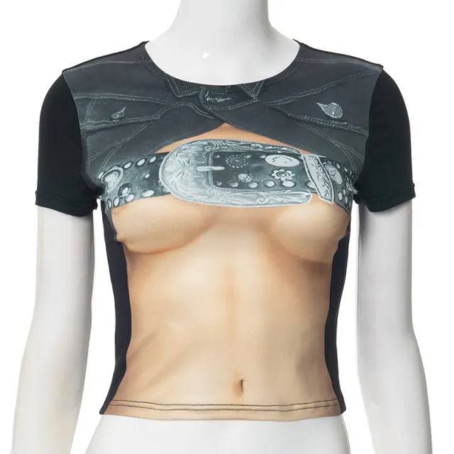 European American Fashion Floral Print Short sleeved Top Slim Fit Midriff baring All match T shirt Floral - Shop at LoveMi
