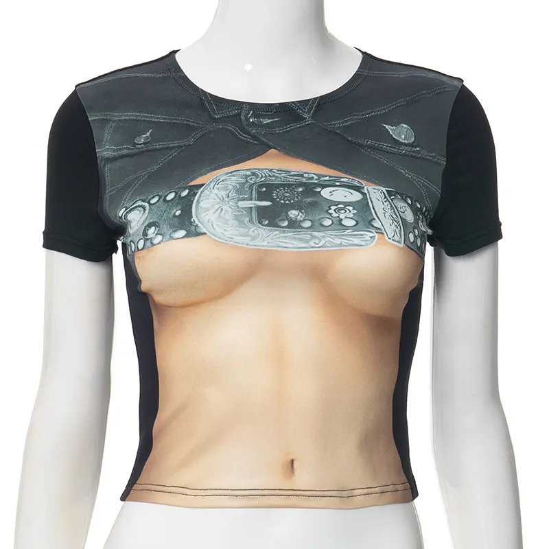 European American Fashion Floral Print Short-sleeved Top Slim Fit Midriff-baring All-match T-shirt - Floral
