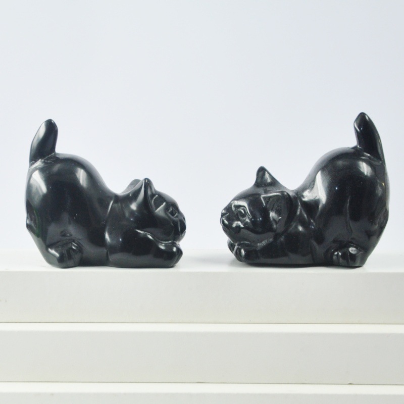 Natural Crystal Semi-precious Stone Carved CatobsidiaWith A Raised Tail And Lying-down Pose