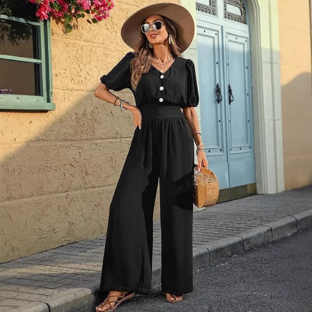 Womens Solid Color Short Sleeve Lapel Waist Cinched Jumpsuit Black - Shop at LoveMi