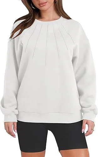 Loose fitting Casual Round neck Pleated Fashion Women's Sweater White - Shop at LoveMi