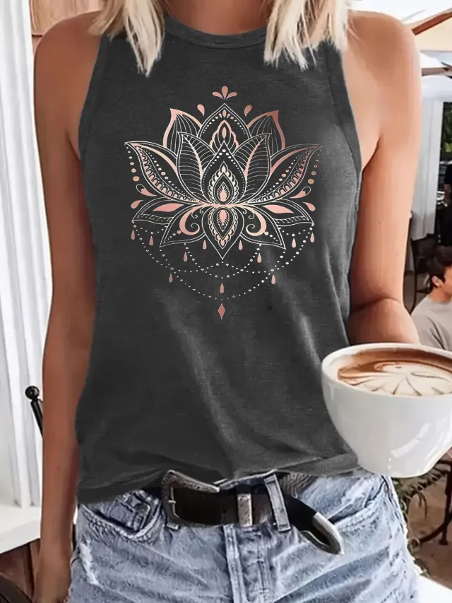 Versatile, Comfortable Soft Tank Top With A Lotus Print Gray - Shop at LoveMi