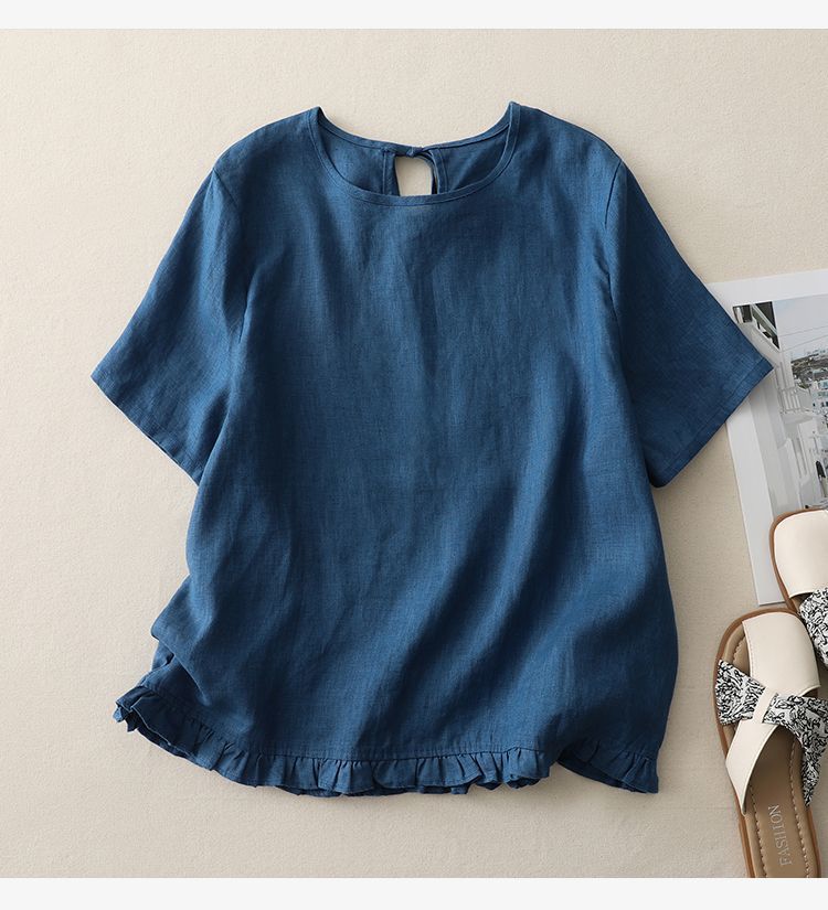 Retro Patchwork Cotton Short-Sleeve Shirt with Hollow-Back