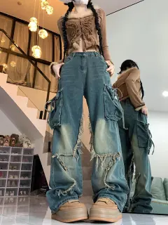 Retro Five-pointed Star Loose-fitting Slimming Pants - Dark Blue - View 1