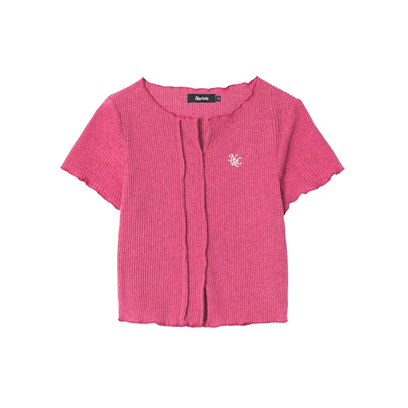V-neck T-shirt Short Sleeve Solid Color Slim Fit Knit - Red