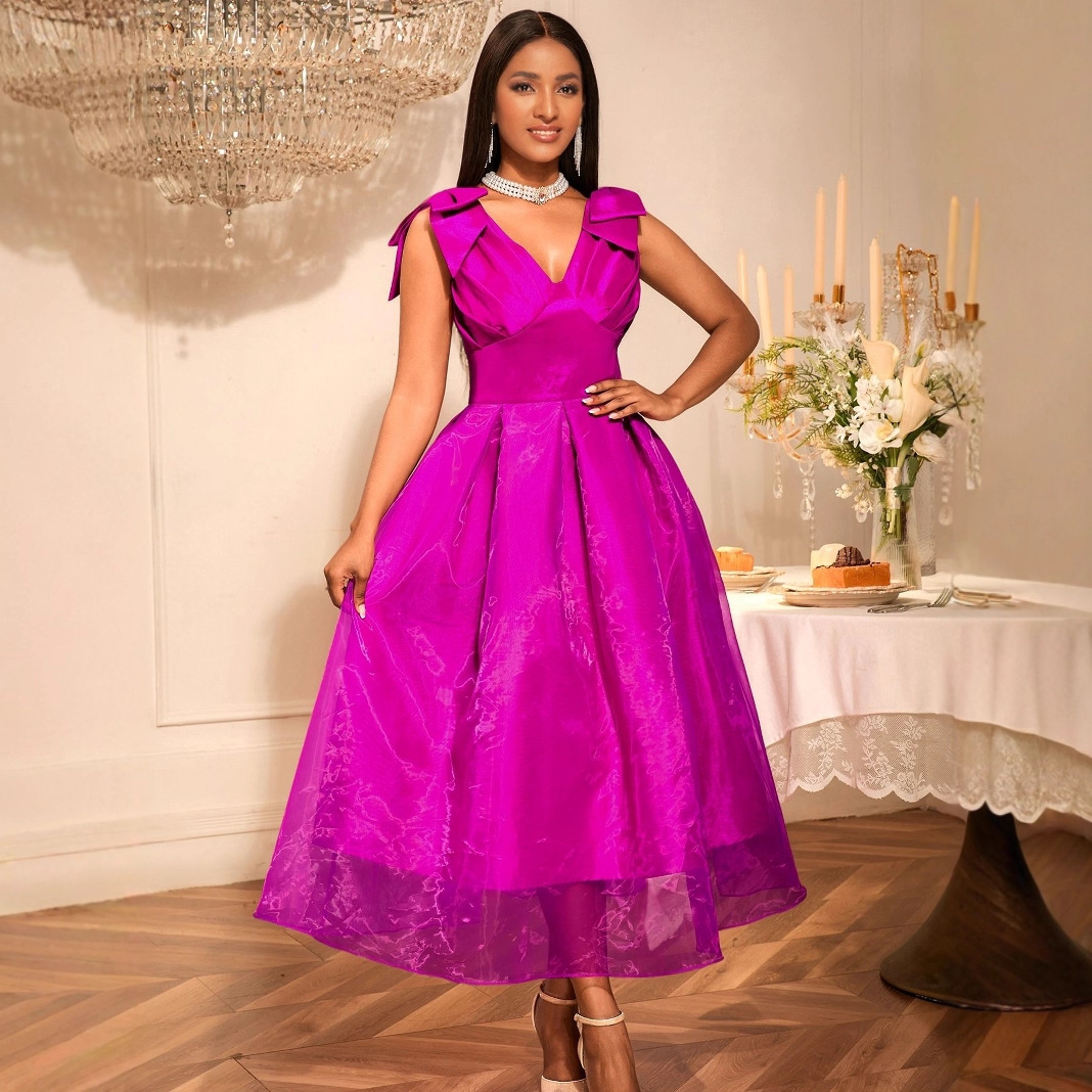 European And American Sexy V-neck Bow Sleeveless Dress