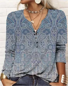 Women's Casual Ethnic Style V-neck Long-sleeved T-shirt - 2 Colours-S - View 1
