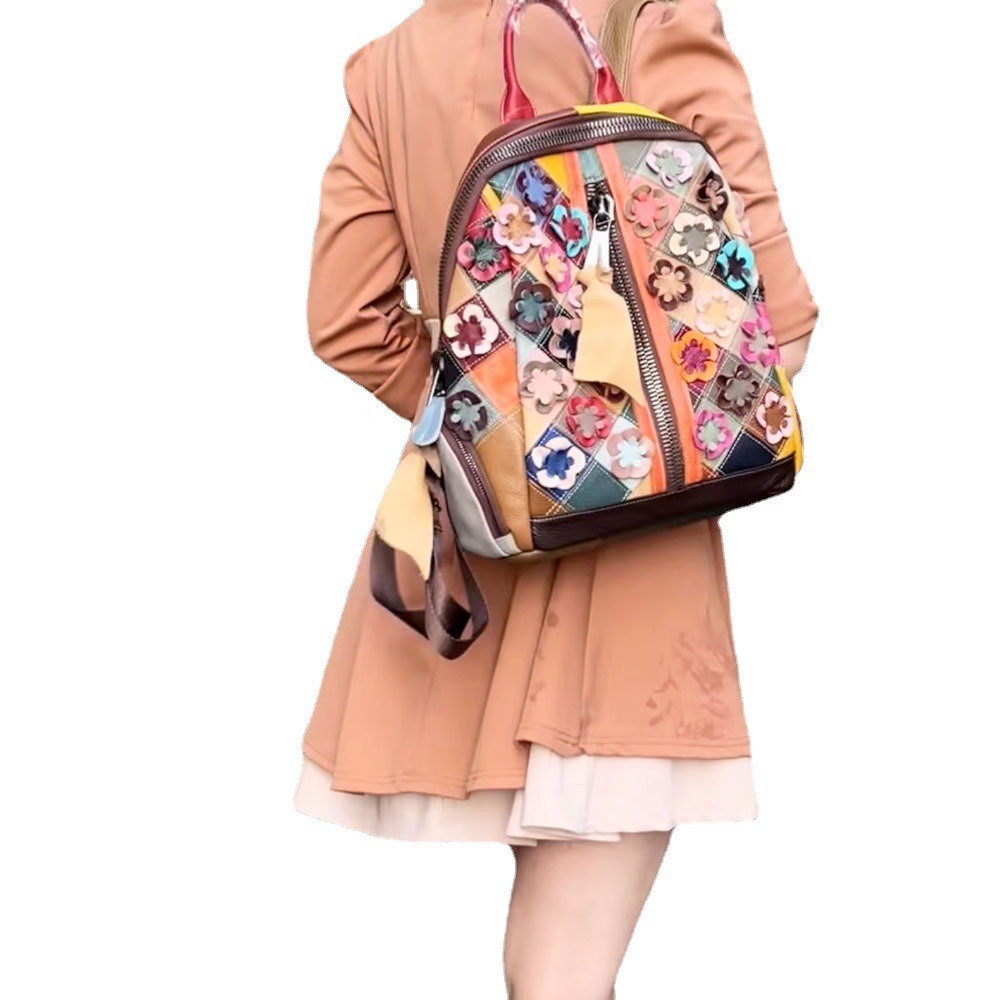 Color Genuine Leather Flower Stitching Backpack