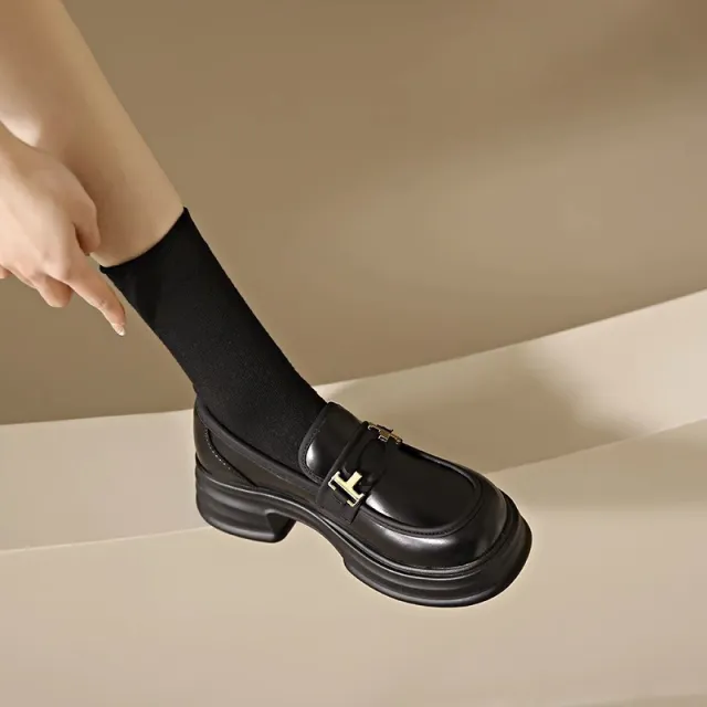Chunky Heel Fashion Round Toe All matching Casual Leather Shoes Black - Shop at LoveMi