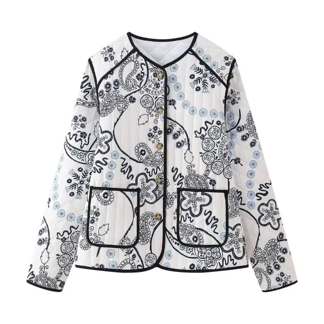 Winter Quilted Cotton Printed Round Neck Cotton Coat For Women White - Shop at LoveMi