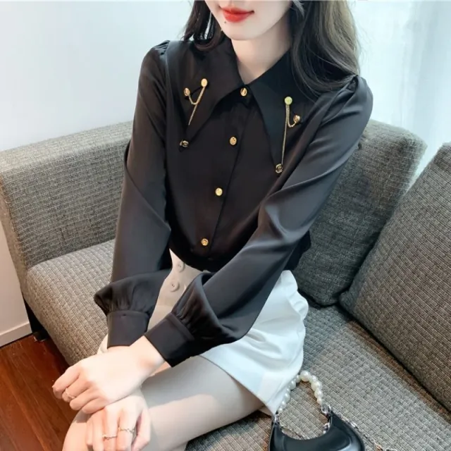 Western Style Chiffon Shirt Fashion Chain Patchwork Top Black - Shop at LoveMi