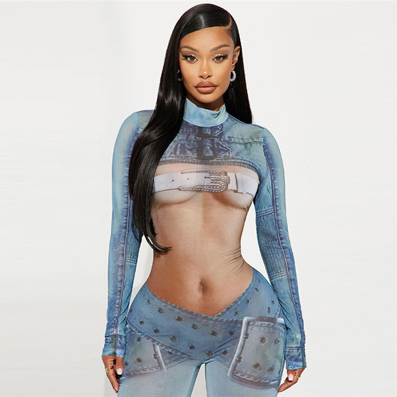 Title 8, Denim Printing Mesh See-through Jumpsuit