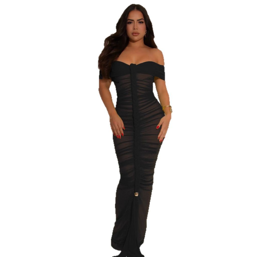 New Fashion Sexy Pleated Mesh Extra Long Dress Black - Shop at LoveMi