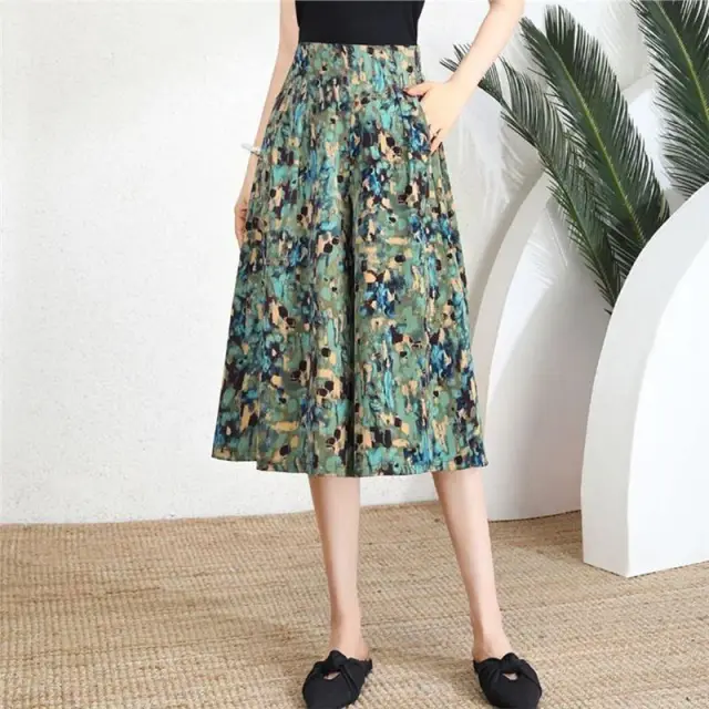 Women's Pants High Waist Wide Leg Pants Polka Dot Floral Half length Emerald Green - Shop at LoveMi