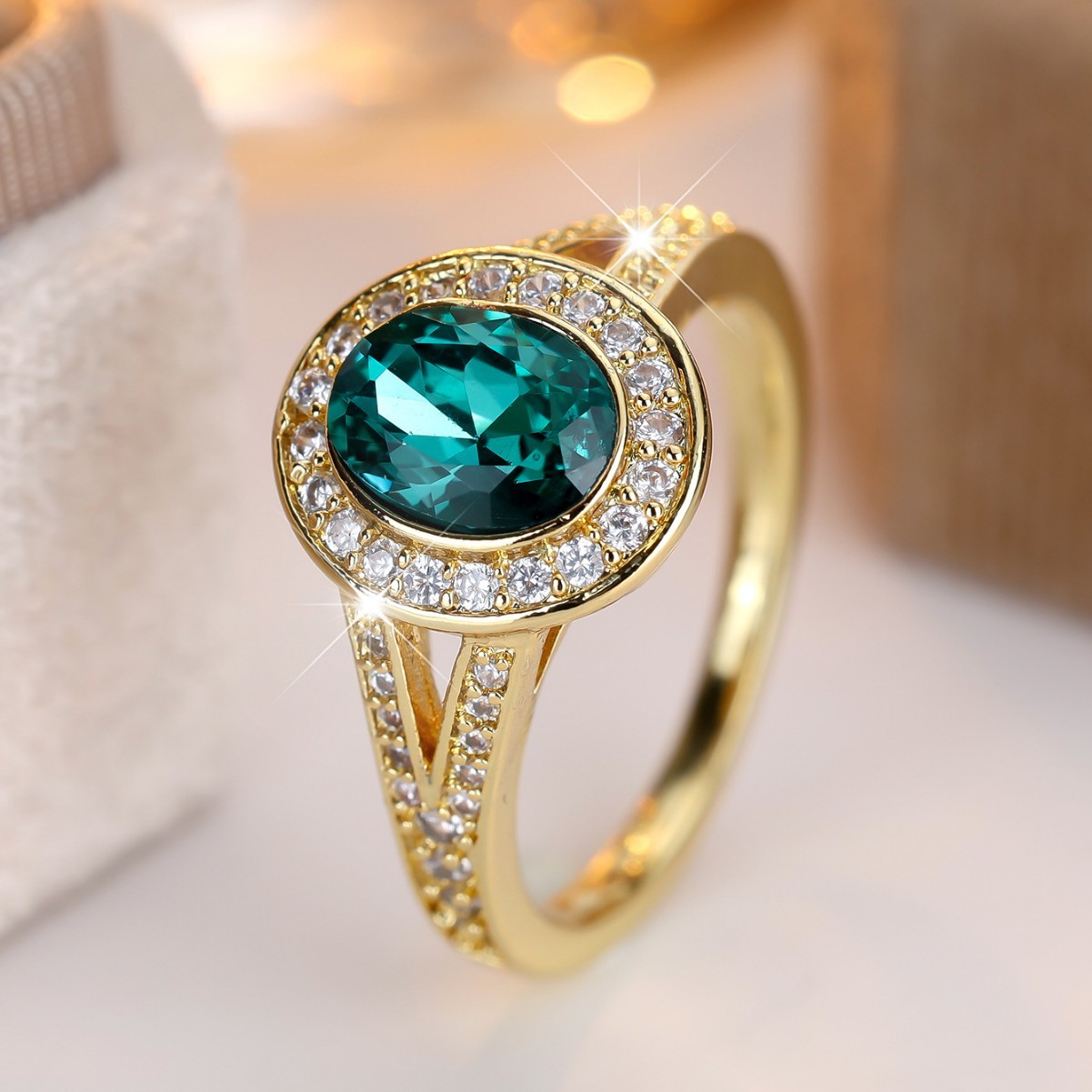 Oval Green Diamond Ring With White Diamond Accents
