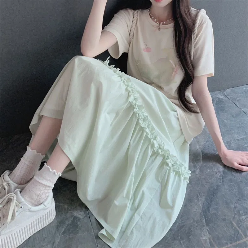 Elastic Waist Mid-length Vanilla Green A- Line Skirt - Vanilla Green
