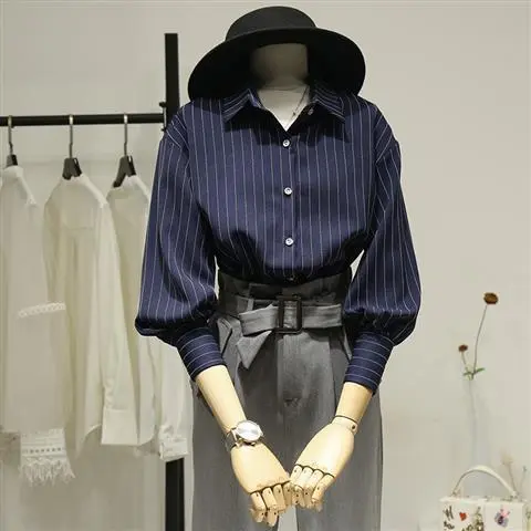 Niche Vintage Striped Women's Shirt Blue 34 Sleeve - Shop at LoveMi