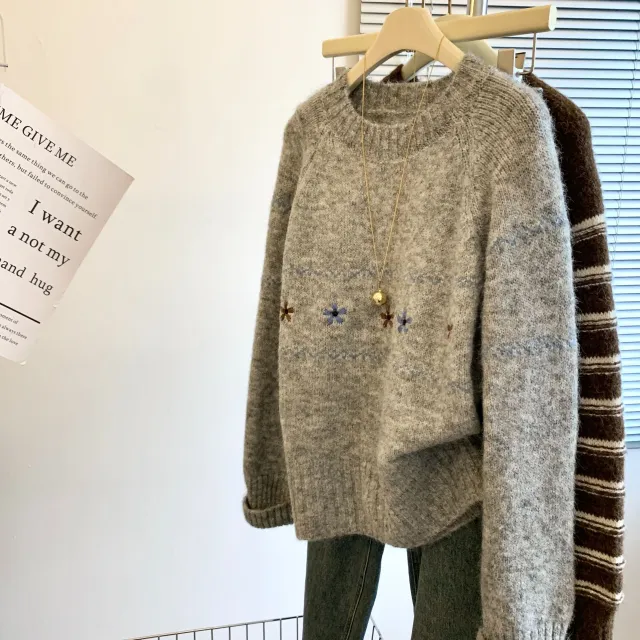 Women's Floral Embroidered Pullover Sweater Loose Lazy Style Light Gray - Shop at LoveMi