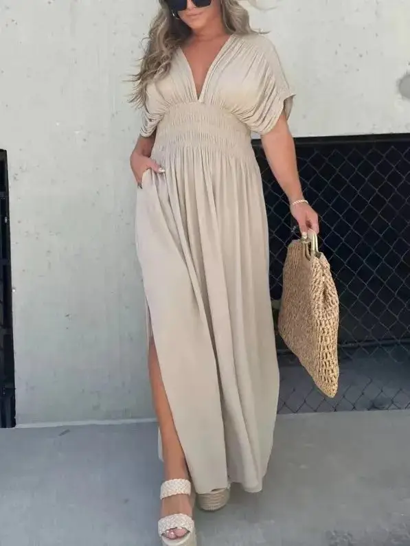 Fashion Bat-sleeved V-neck Slit Dress Summer Short Sleeve Elastic Waist Long