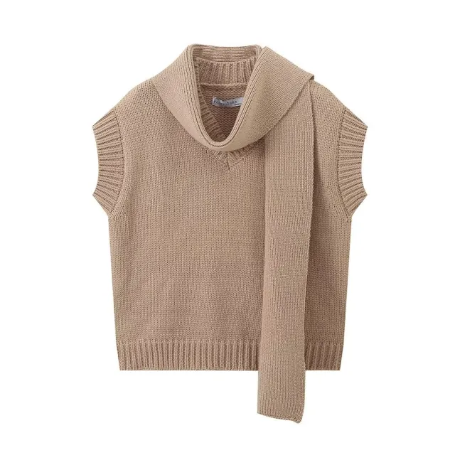 New Trendy V neck Sleeveless Blended Textile Scarf Knitted Vest - Shop at LoveMi