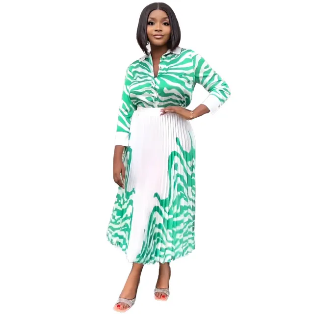 Zebra Print Long Sleeve Shirt Casual Pleated Skirt Spring And Summer Two piece Set Green - Shop at LoveMi