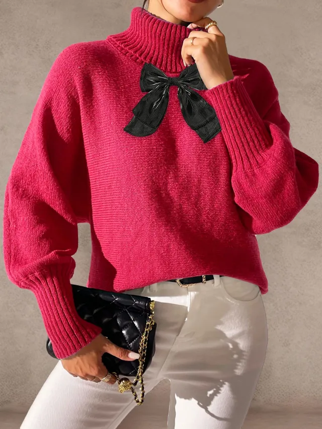 Women's Batwing Sleeve Lace Bow Patchwork Turtleneck Sweater Bright Red - Shop at LoveMi