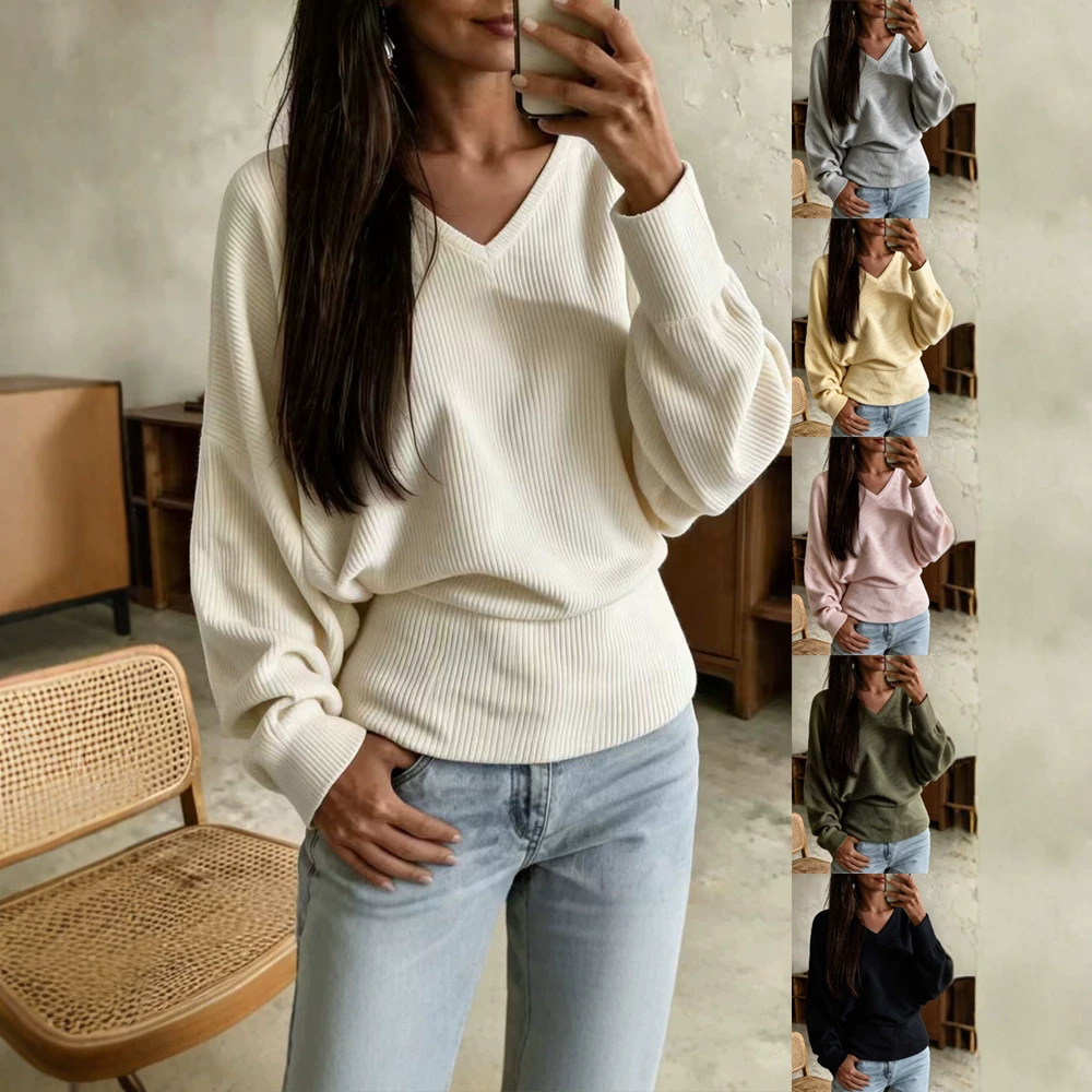 Women's Casual V-neck Loose-fit Ribbed Long-sleeve Multicolor T-shirt