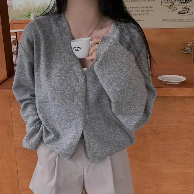 Idle Style V neck Buckle Soft Loose All match Long sleeved Knitted Cardigan Gray - Shop at LoveMi