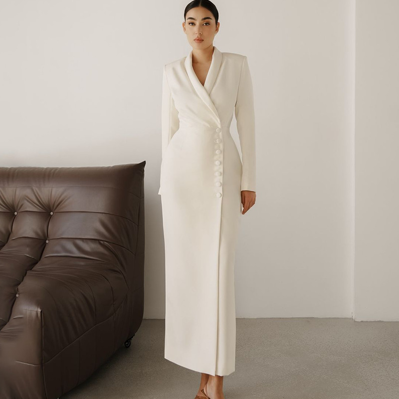 Solid Color Long Sleeve Button Coat Business Suit And Dress White - Shop at LoveMi