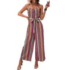 Sexy Women Clothing Loose Casual Striped Spaghetti Strap Cropped Jumpsuit - Purple - View 1
