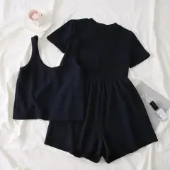 Women's Short-sleeved Student Three-piece Set Wide-leg Shorts - Blue - View 1