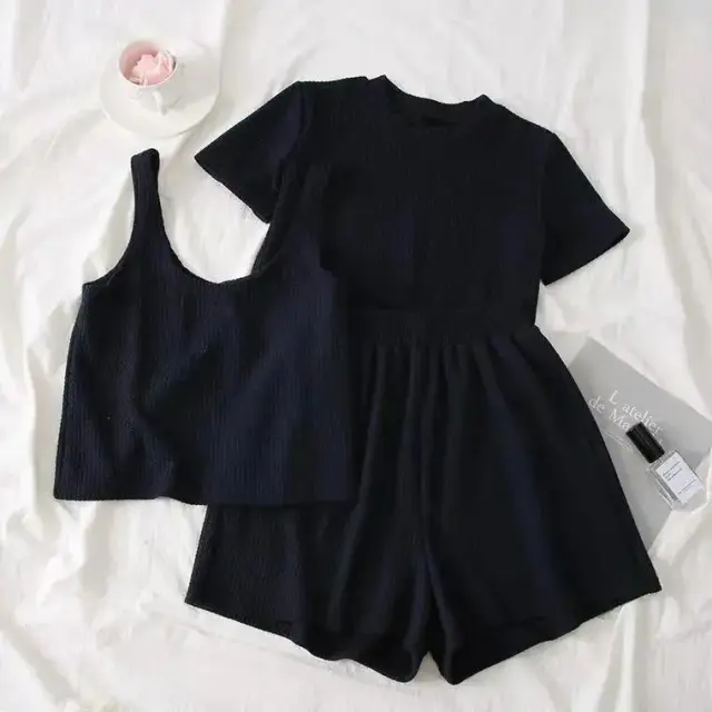 Women's Short sleeved Student Three piece Set Wide leg Shorts Navy Blue 3Pcs Set - Shop at LoveMi