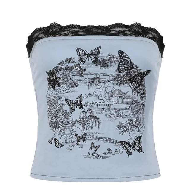 Butterfly Print Lace Stitching Coat Backless Tube Top Blue - Shop at LoveMi