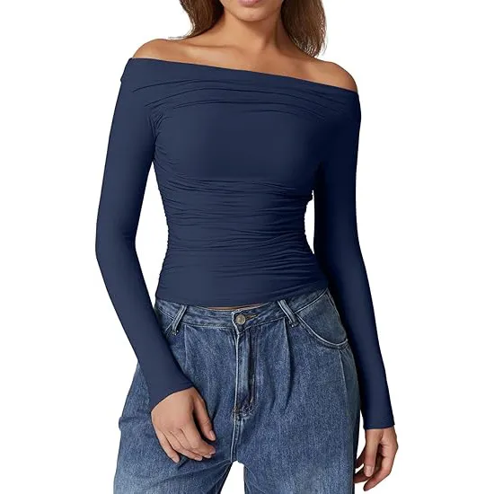 European And American Women's Clothing Top Off shoulder Long Sleeve T shirt Navy - Shop at LoveMi