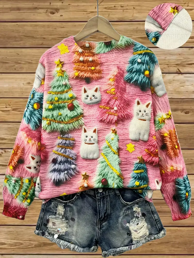 Women's Pullover Christmas Pattern Round Neck Sweatshirt - Sdwy5-Xl